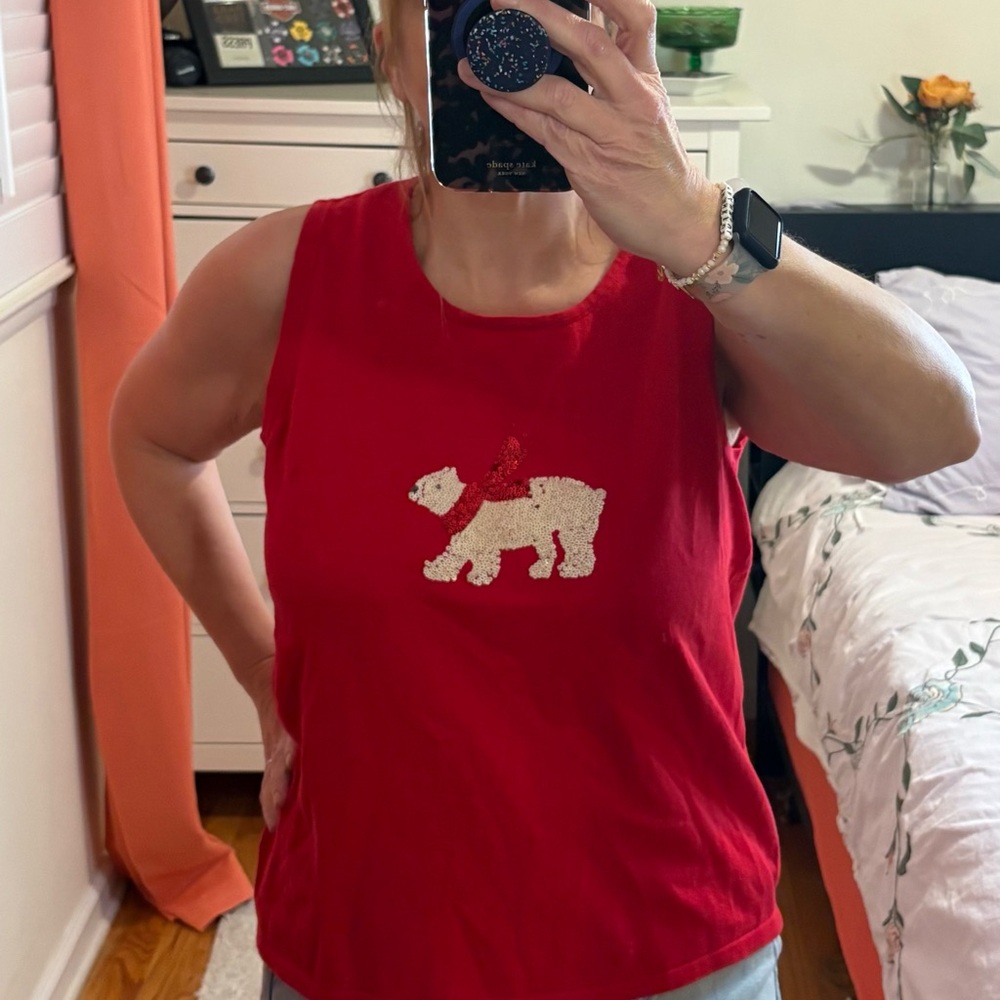 Quacker Factory Red Top with Sequin Polor Bear NWT